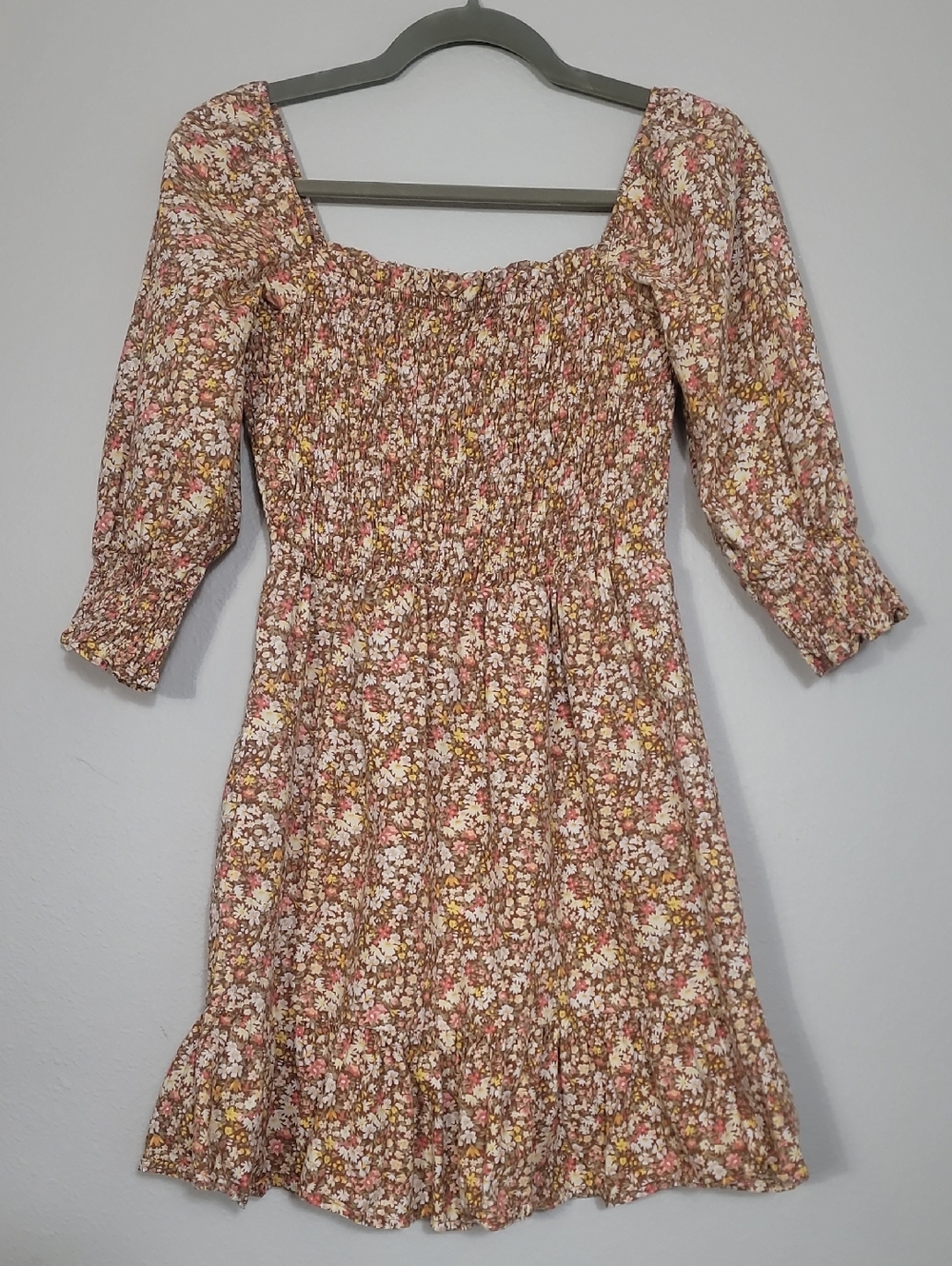 Sim & Sam Puff Sleeve Smocked Fit & Flare Dress Size S Floral Cottagecore Cotton